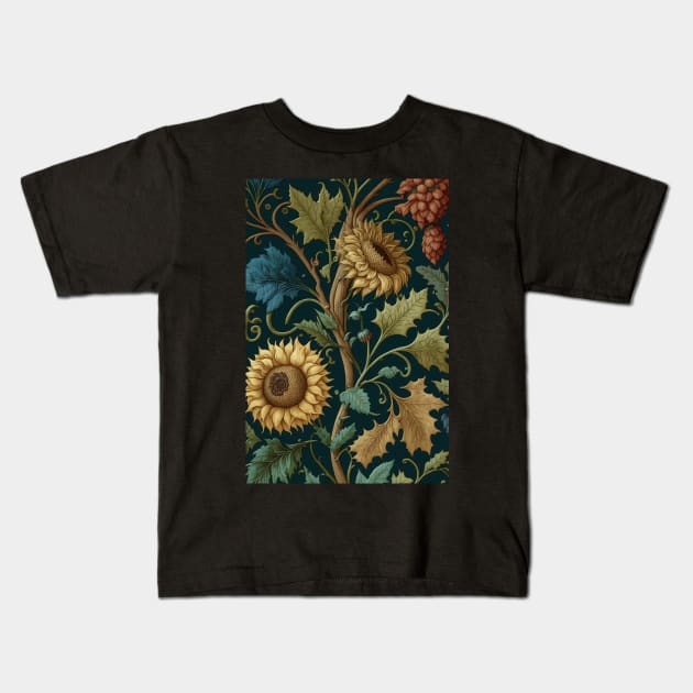 Floral Garden Botanical Print with Fall Gold Flowers Sunflowers and Leaves Kids T-Shirt by FloralFancy